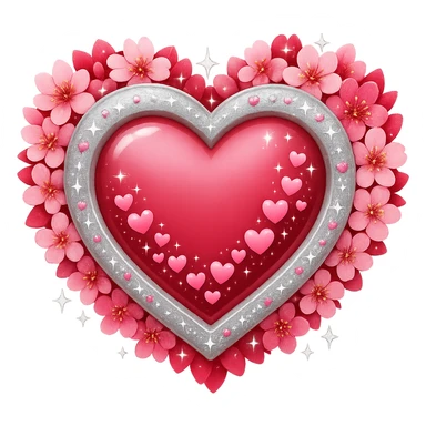 Add more silver sparkles and accents to the heart surrounded by sakura petals in the style of apple emojis. Keep the style consistent with apple emoji style and ensure no background (transparent). sticker