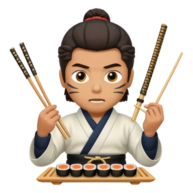 Man with wide eyes eating sushi in a samurai outfit sticker
