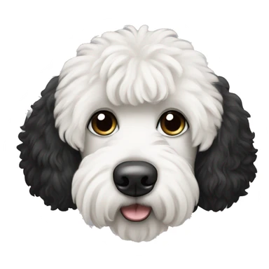 White and black labradoodle dog, black ears, black fur around left eye, white fur around right eye sticker