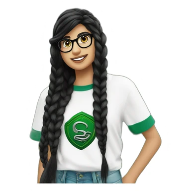 Mia Khalifa black braid white tshirt green sleeves slytherin logo sticker
