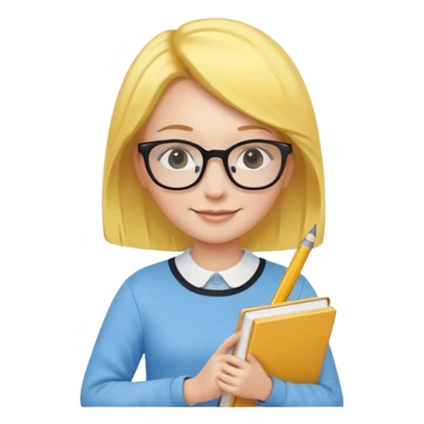 A smart and cute girl with yellow bobbed hair, wearing sky blue clothes,
I hold a book in one arm. There is a pen in the book.
He is wearing black-rimmed glasses and smiling brightly. sticker