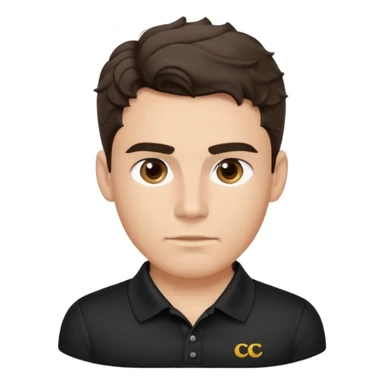 He’s a man with light to medium skin, a defined oval face, full brows, deep-set eyes, and wavy short dark brown tall hair styled with height, sides are trimmed. muscular. expression calm and focused relaxed black polo shirt. polished, articulate, and coach vibe. tall hair.  sticker