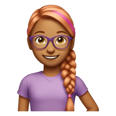 smiling six year old Girl with straight copper colored hair in a ponytail outdoors with pink glasses sticker