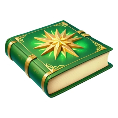 A **green, opened glowing book** with **golden edges**, floating with **sparkles and magical wisps** around it. The cover features a **golden starburst sigil**, symbolizing charm and radiance. ✨📖 sticker