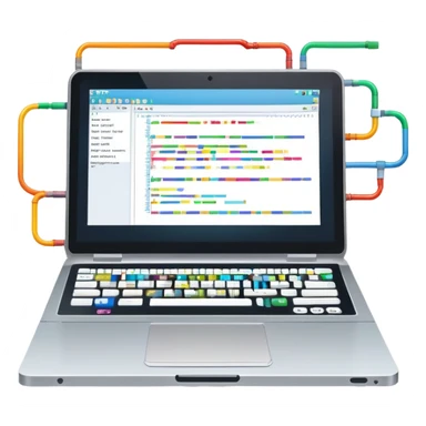 An icon featuring a laptop screen with colorful lines of code, brackets, and a blinking cursor, symbolizing programming. The design includes flowcharts, gear icons, and binary code, representing software development and logical problem-solving. Transparent background highlights the world of coding. sticker