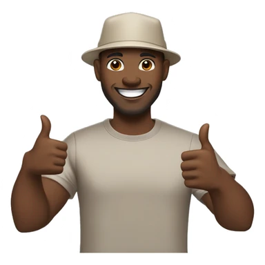 a software engineer with a dark complexion, wearing a beige hat , grey t shirt holding a dell precision 5680 laptop on his left hand and his right hand doing a thumbs up, he should be turning a bit from the camera while still facing it, with a big smile sticker