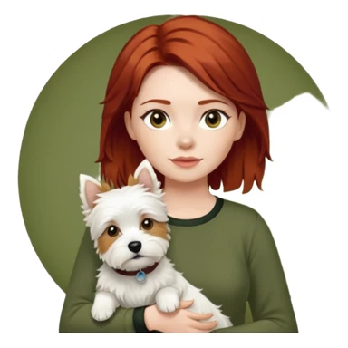 Westhighland white terrier dog being held by woman with dark shoulder length red hair and hazel eye wearing olive green top sticker