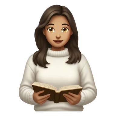 brunette girl in a white sweater is reading a book in her hands sticker