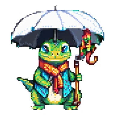 lizard wearing shoes and a scarf, holding an umbrella, grumpy expression sticker