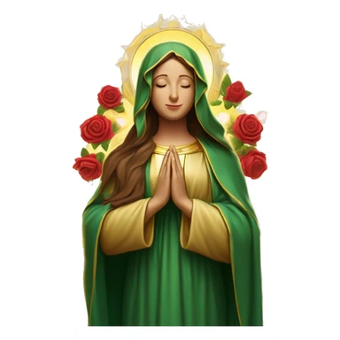Virgin Mary: kind face looking down at the left, long brown hair, Wearing an emerald green  robe with gold stars and a burgundy red dress,  Hands in prayer or blessing. Halo around her head. standing in front of a big sun. colorful roses on the sides  sticker