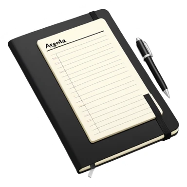 An open black Moleskine notebook with 'AGENDA' written in bold at the top of the page and meeting items with bullet points clearly visible below sticker
