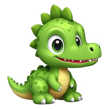 A green plush toy dinosaur with big eyes and a cute smile sticker