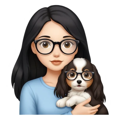 A beautiful girl with long black hair and glasses is holding a long-haired white and brown puppy sticker