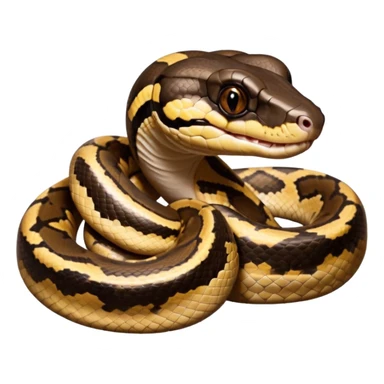 A photo-realistic digital illustration of a Ball Python, large headshot portrait. The snake has a short, rounded snout, smooth contours, and a calm, curious expression. Its head is warm brown with bold, irregular dark markings, including the signature “alien-head” pattern.  sticker