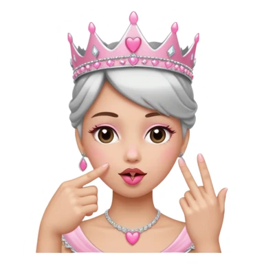 Middle finger flipping off with a ring on it and silver and pink tiara on persons head and a kissy face with a pink heart sticker