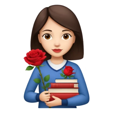 Brunette holds a stack of books + flower sticker