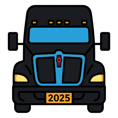 Detailed vector illustration style close-up front view of a 2025 Kenworth T680 truck in black color with headlights on, no background. sticker