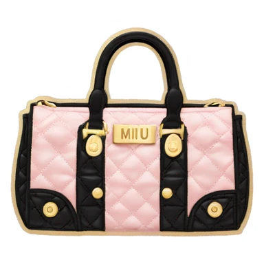 “Create a sticker of a black quilted Miu Miu bag with gold lettering, placed on soft pink tissue paper.” sticker