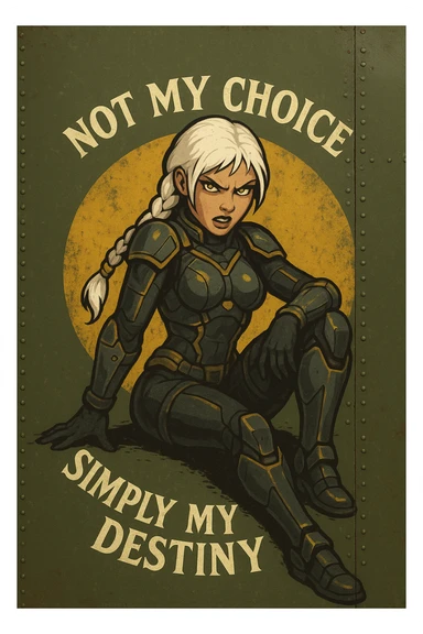 a retro military pinup fuselage decoration for the motto " not my choice, simply my destiny "
; female figure young and gorgeous, white hair 1 braid, gold yellow eyes, spacer, fierce, exo-rogue, menacing yet taunting sticker