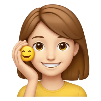 yellow emoji style character with brown hair tucking hair behind ear, smiling sticker