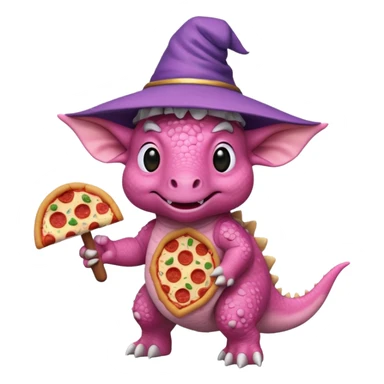 pink triceratops with a wizard hat holding a pepperoni sausage pizza slice sticker