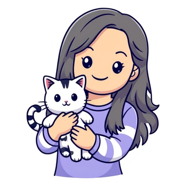 smiling girl with long hair holding a cat with silver stripes sticker