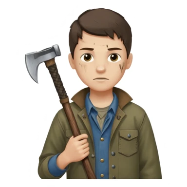 13 y/o Brian robeson at the beginning of Hatchet
determined, has hatchet, self-reliant, observant survivalist sticker