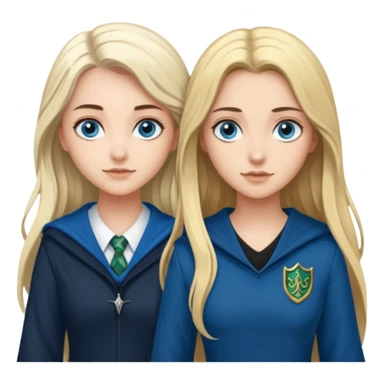 a pretty ravenclaw girl with long brown hair and blue eyes standing with a hot Slytherin girl with long blonde hair, blue eyes and big boobs  sticker