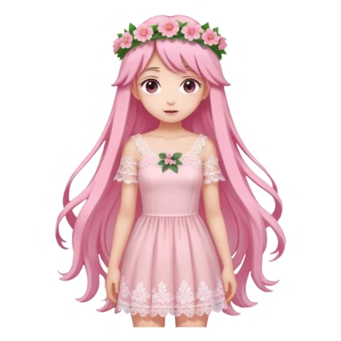 pastel anime woman with pink and white lace dress full body and long hair with flower crown sticker