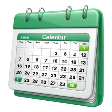 A glossy 3D icon of a clean digital calendar with green (#16A34A) accent highlights, floating pages, subtle shadows, and a modern SaaS-UI look. Soft reflections, rounded edges, friendly professional style. Represents scheduling and reservation management. sticker