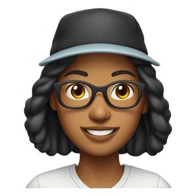memoji of a cool woman smiling, black long hear without glass with sport hat and has a laptops sticker