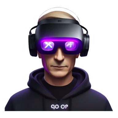 Vladimir Putin wearing a black hoodie with "OMG" letters on it and VR headset oculus quest 2 in a cyberpunk VR environment with violet neon lighting. sticker