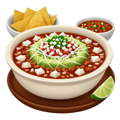 A delicious hot bowl of pozole rojo with separate sides next to the bowl: white chopped onions, green shredded cabbage, lime wedges, red chile de arbol salsa, and round tostadas sticker