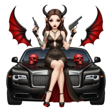 Lilith model red eye sexy black  devil horns.  long brown haired sexy succubus woman with leather long dress slit, sitting on rolls Royce. Wearing Black Platform high heels on feet. Tattoo sleeve arms, dead human skull of her ex skull is on top of stack of cash and a gun in  hand sticker