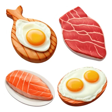 Four separate protein icons: a golden glowing chicken breast, a red meat steak, a smaller salmon fillet, and an egg, each with a subtle DNA strand behind it and muscle fiber pattern around the edges sticker