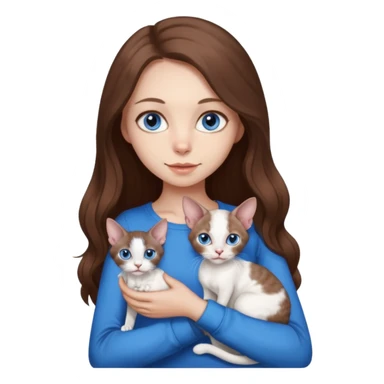 beautiful skinny girl with long brown hair and blue eyes in dark long sleeve is holding a devon rex white cat with blue eyes. the colors of cat’s and girl’s eyes are the same.  sticker