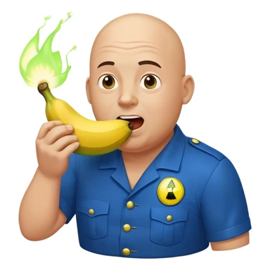 bald a bit fat man in a blue uniform eating radioactive banana sticker
