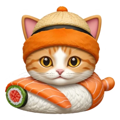 cat wearing a sushi roll as a hat sticker
