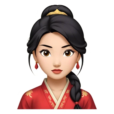 Cinematic Realistic Mulan Portrait, depicted with lifelike skin texture, soft natural lighting, and intricately detailed long black hair styled elegantly. Her deep, expressive eyes exude determination and grace, complemented by a serene yet confident expression. She is dressed in her classic attire, with rich fabric textures and delicate folds that catch the light beautifully. The portrait features a soft, enchanting glow with a natural, radiant finish, capturing the essence of timeless strength and beauty in a realistic and painterly style, evoking a sense of depth and authenticity. sticker