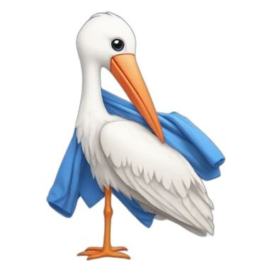 White stork carrying a blue bundle of cloth in its big beak that has a human person cute baby human inside and the human baby head is peeking from the fabric the strok is carrying in its beak sticker