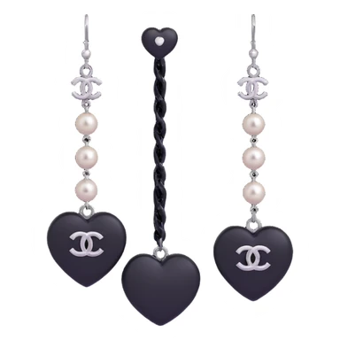 glossy 3D emoji-style drop earrings featuring black heart with string of pearls and silver Chanel logo at center, elegant sticker