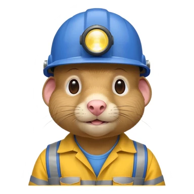 a mole rat, blue helmet, headlamp, yellow worker cloth sticker