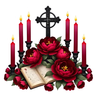 A dark, romantic composition featuring deep red peonies and pansies intertwined with blackened love letters, surrounded by glowing crimson candles. Butterflies in various shades of red flutter around Gothic crosses, creating an eerie yet passionate atmosphere. sticker