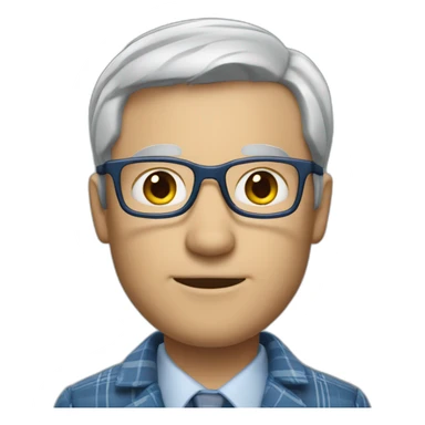 White man, short grey hair with no part, glasses, plaid business shirt, plain blue sports coat. sticker
