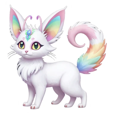 Pure-snow-White albino iridescent with pastel rainbow-gradients-color-markings with swirly patterns butterflies  faerie-Noivern-Noibat-Purloin-Torracat-Lykoi-Caracal-cat-Fakemon-fusion-hybrid-creature sticker