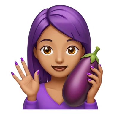 Emoji with long eyelashes and long fingernails holding an eggplant  sticker