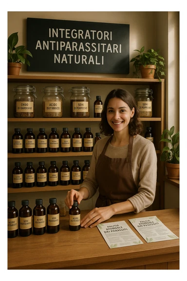 A realistic, well-lit herbal supplement store interior with wooden shelves neatly displaying glass jars and bottles labeled as ‘Chiodi di Garofano’, ‘Acido Butirrico’, and ‘Semi di Pompelmo’, organized in a clean and aesthetic manner. Small handwritten chalkboard signs indicate ‘Natural Antiparasitic Supplements’ above the section. The environment feels warm and trustworthy, with potted green plants adding freshness and a subtle sunlight entering through a window. A young shop assistant with a welcoming smile arranges the products, while informational leaflets about natural parasite cleansing are visible on a wooden counter, creating a holistic and health-conscious atmosphere in Italiano sticker