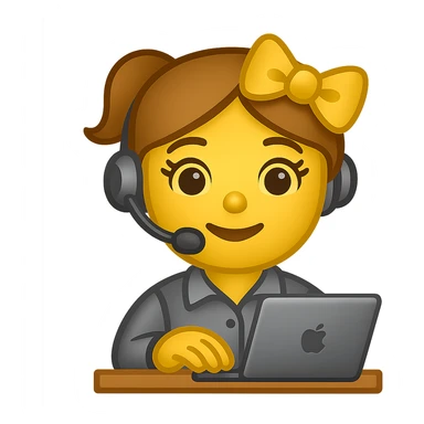 Make the recruiter robot emoji even cuter and more feminine with different hairstyles and accessories like bows or glasses. Style should be apple style, flat, and metallic. The robot is at a desk, wearing a headset, and typing on a laptop. Transparent background. sticker