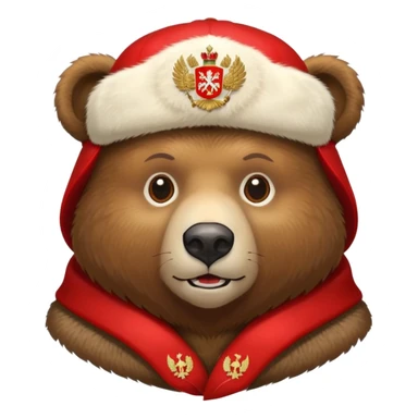 Russian brown bear wearing a red ushanka hat with Russian coat of arms emblem, front view, iOS emoji style sticker