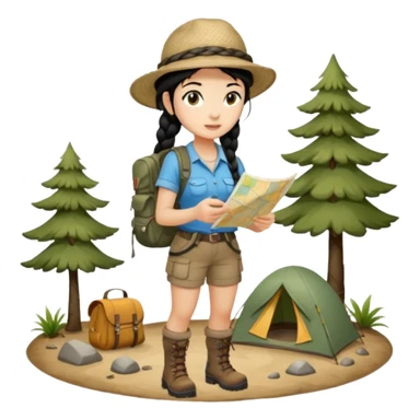 A braid black hair backpacking woman checking her map with curious eyes while walking wear camping hat and dirt covered boots full body sticker